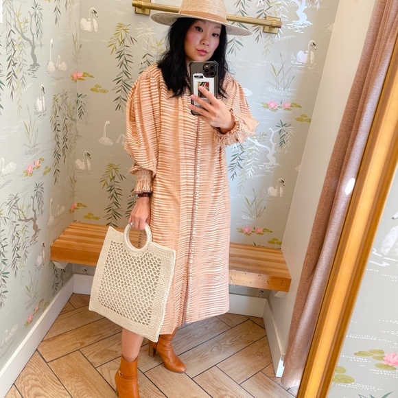 ULLA JOHNSON | Fiora Striped Cotton-Voile Midi Waist Tie Dress in Fawn | Size 2 - Picture 6 of 15